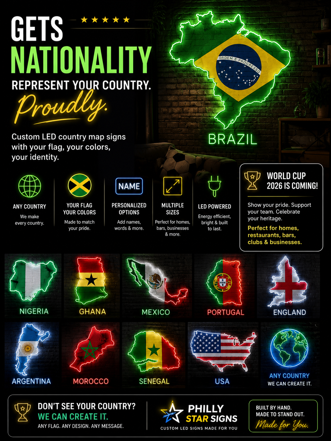 🌎 Custom LED Country Map/Flag Sign – Any Country Available